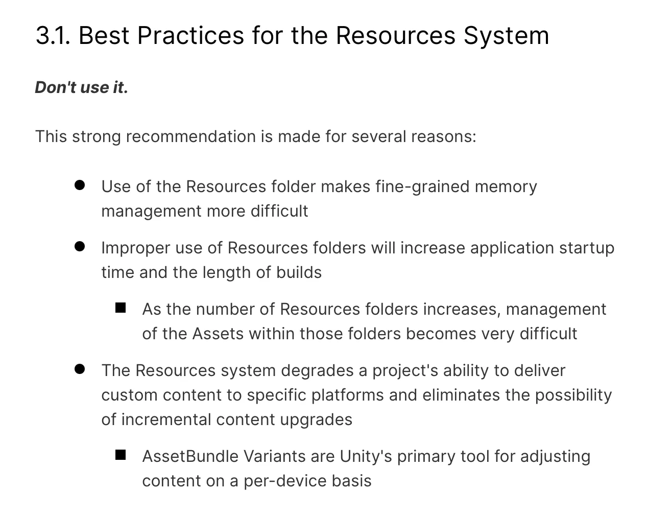 Screenshot of Unity official documentation